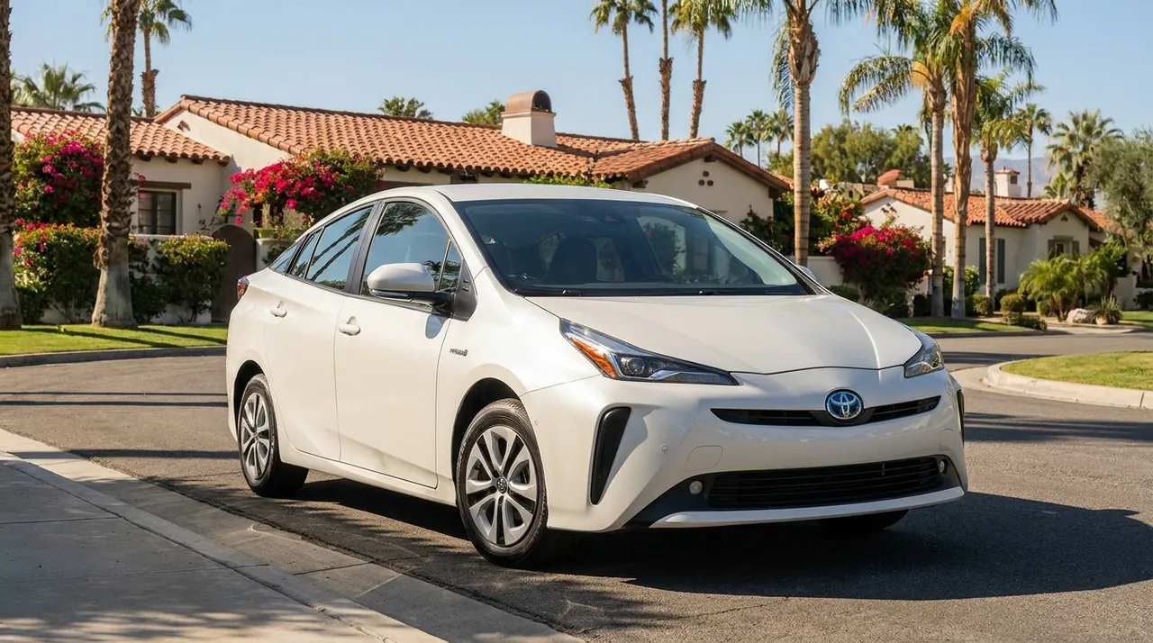 White Toyota Prius hybrid rideshare rental car in California