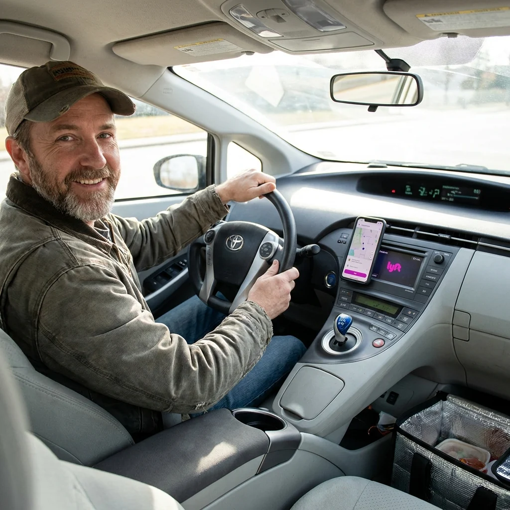 Rideshare driver behind the wheel of an Elkhorn rental car in California